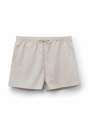 Pantalones cortos informales beige claro con cinturilla elástica y cordón frontal, con bolsillos laterales, colocados planos sobre fondo blanco.