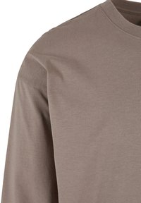 Langermet brun bomullsskjorte med rund hals, glatt tekstur og enkelt design. Ingen synlige mønstre eller detaljer.