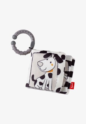 Weiches Stoffbabybuch mit einer schwarz-weiß gefleckten Hundeillustration und einem grauen strukturierten Beißring befestigt.