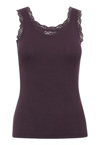 Débardeur côtelé violet foncé avec un col arrondi et des détails en dentelle élaborés le long des bords, présentant une silhouette ajustée.