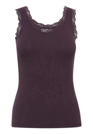 Dark purple ribbed tank top with a rounded neckline and intricate lace detailing along the edges, featuring a fitted silhouette.