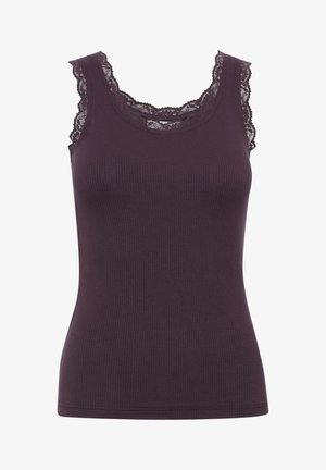 Ciemnofioletowy, prążkowany top na ramiączkach z okrągłym dekoltem i misternymi koronkowymi detalami wzdłuż krawędzi, o dopasowanym kroju.