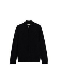 Černý zip-up kardigan s vysokým límcem. Má dlouhé rukávy a jemný detail loga na prsou. Vyrobeno z měkké tkaniny.