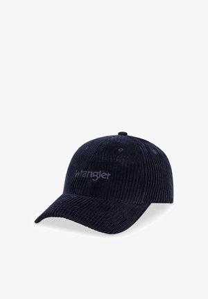 Navy corduroy baseball cap featuring a curved brim and subtle embroidered logo on the front. Textured surface with ridged patterns.