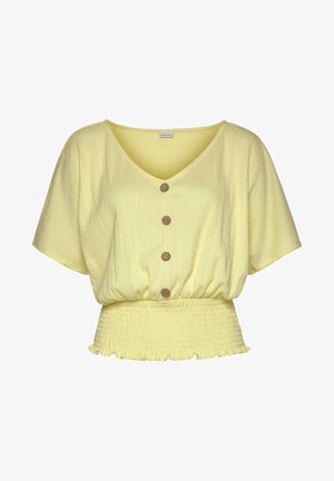 Yellow short-sleeve blouse with a V-neck, three brown buttons down the front, and a smocked waist with a ruffled hem. Textured fabric.