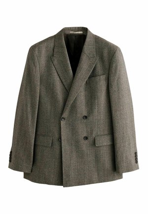 Doppelt gefütterter Blazer aus braunem Tweed. Auffällige Merkmale sind die Reverskragen, zwei Fronttaschen und Knopfmanschetten. Gefüttertes Innenfutter.