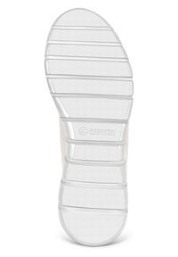 Weißer Gummischuhsohle mit einem strukturierten Design, horizontalen Rillen und einem runden Zehenteil, geprägt mit dem Markennamen "Giesswein."