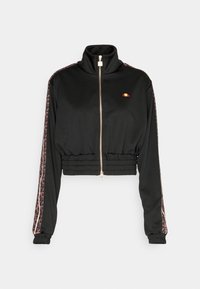 Black cropped jacket with a high collar, zip front, and elastic waistband. Features leopard print accents on the sleeves. Soft fabric.