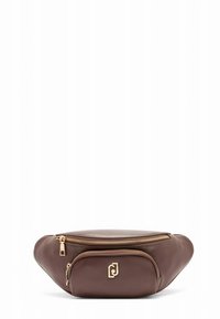 Banane en cuir marron à texture lisse, dotée d'une fermeture éclair dorée et d'une poche avant avec un détail logo. Silhouette large et arrondie.