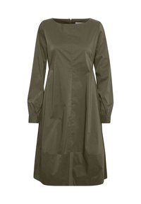 Robe verte olive à manches longues, avec une coupe droite, un col rond et une fermeture éclair dans le dos. Présente des poignets froncés et une texture lisse.