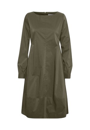 Olivgrön, långärmad klänning med rak skärning, rund halsringning och dragkedja i ryggen. Har samlade manschetter och en jämn textur.