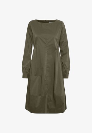 Olivgrön, långärmad klänning med rak skärning, rund halsringning och dragkedja i ryggen. Har samlade manschetter och en jämn textur.