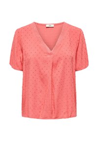 Koraalroze blouse met korte mouwen en een V-hals. Voorzien van textuurpunten overal en een kanten detail bij de halslijn. Lichtgewicht stof.