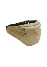 Beige Corduroy Bauchtasche mit einem Reißverschluss, schwarzem Nylonriemen und einem weißen Logo-Akzent. Verfügt über eine strukturierte Oberfläche und eine geschwungene Form.