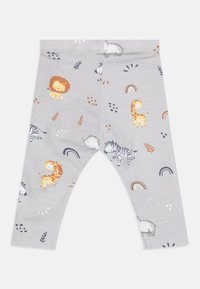 Lys grå leggings laget av myk stoff, med fargerike dyre- og regnbuemønstre, elastisk midjebånd og uten synlig maskinvare.
