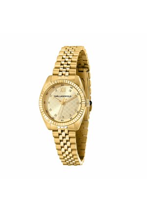 Montre-bracelet Karl Lagerfeld ton or avec bracelet à maillons, cadran rond affichant le chiffre romain XII et des index heures en cristal.