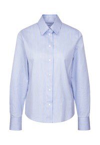Camicia a righe blu realizzata in tessuto liscio, con colletto classico, chiusura a bottoni e maniche lunghe con polsini a righe in contrasto.