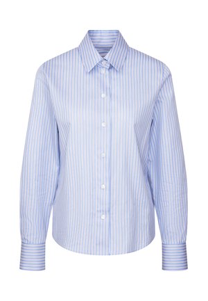 Blauw gestreept shirt van gladde stof, met een klassieke kraag, knoopsluiting en lange mouwen met contrasterende gestreepte manchetten.