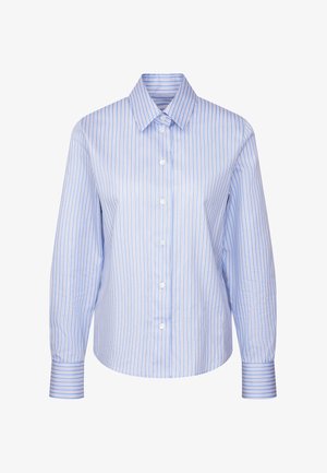 Blauw gestreept shirt van gladde stof, met een klassieke kraag, knoopsluiting en lange mouwen met contrasterende gestreepte manchetten.