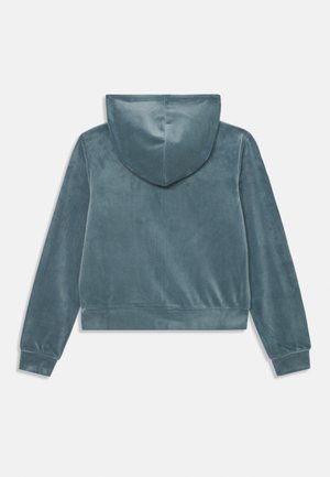 Hoodie pehmeast sinihallist velvetist, millel on pikad varrukad, soonilised mansetid ja kapuuts, nähtav tagant valge tausta ees.