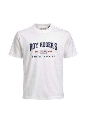 T-shirt bianca a maniche corte con scollo tondo, con la scritta "Roy Roger's EST. 1952 Original Garment" stampata in blu navy e rosso sul petto.