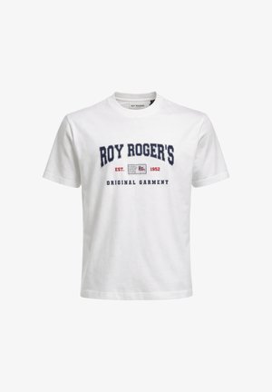 T-shirt bianca a maniche corte con scollo tondo, con la scritta "Roy Roger's EST. 1952 Original Garment" stampata in blu navy e rosso sul petto.
