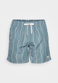 Blue swim shorts with a drawstring waist, featuring a wavy white pattern and small dots. Smooth texture and above-knee length.