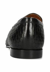 Sorte vævede lædersko med en glat, blank finish, rund tå, lav hæl og detaljeret syning langs kanterne.