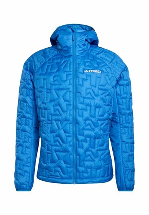 Modrá prošívaná bunda s kapucí, předním zipem, bočními kapsami a logem TERREX na hrudi.