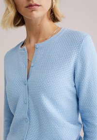 Svetlomodro pleteno jopico z gumbi iz teksturirane pletene tkanine. Ima okrogel izrez in šest sprednjih gumbov, ki poudarjajo nežen vzorec.