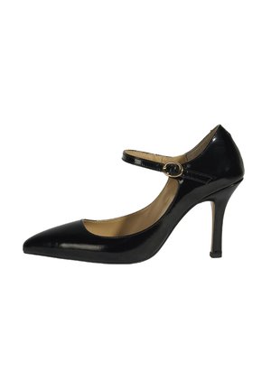 Black patent leather high-heel pump with a pointed toe, ankle strap, and gold-tone buckle detail. Smooth texture with a shiny finish.