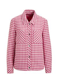 Roze en witte geblokte button-up jas met een kraag, twee borstzakken en zilveren knopen. Gelaagd stof met een houndstoothpatroon.