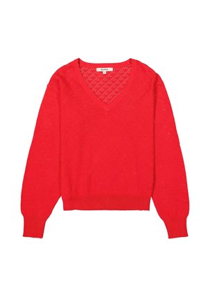 Pullover rouge en tricot avec un col en V, présentant un motif texturé et ajouré, des manches longues ainsi qu'un ourlet et des poignets côtelés.