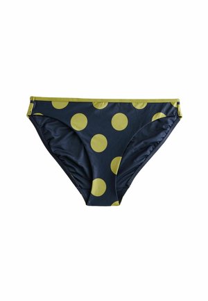 Marinblå bikinidel med stora gula prickar, med en slät textur och ett kontrasterande grönt midjeband. Enkelt och funktionellt design.