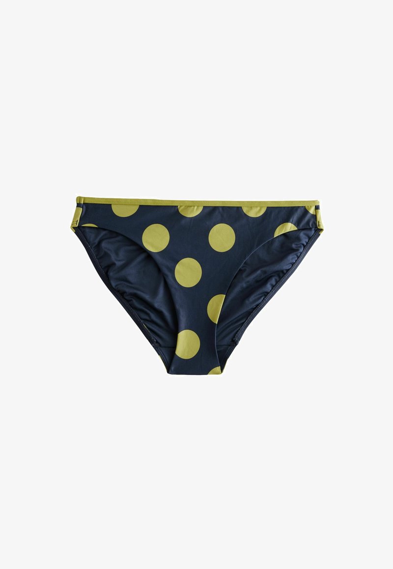 Bas de bikini bleu marine avec de grands pois jaunes, doté d'une texture lisse et d'une ceinture contrastante verte. Design simple et fonctionnel.