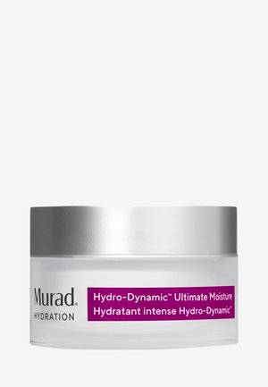 Murad Hydro-Dynamic Ultimate Moisture burk; klar glas, slät yta, silverfärgad metallock, lila etikett med produktnamn och varumärke.