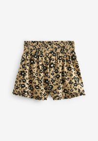 Løveprint shorts i beige med sorte og lyserøde accenter. Elastisk talje og rynket kantdetalje. Lavet af let, blødt stof.