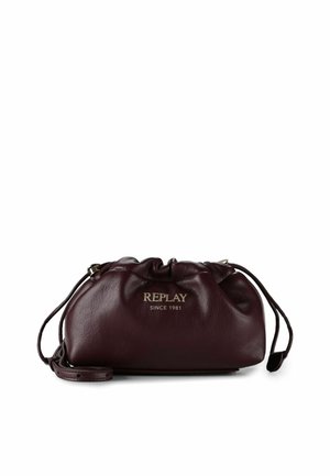 Borsa a spalla in pelle bordeaux scuro con coulisse e la scritta "REPLAY Since 1981" stampata in oro sul fronte.