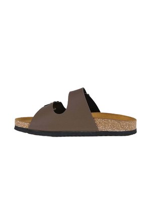 Sandale brune avec semelle intérieure en liège texturé, semelle extérieure en caoutchouc noir, et un design minimaliste avec des sangles latérales découpées.