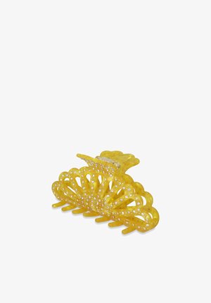 Granchio per capelli giallo in plastica con un motivo floreale, caratterizzato da una finitura lucida e decorato con strass trasparenti.