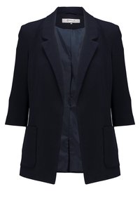 Námorně modrý blazer s hladkou texturou, střižený design, klopové límce, krátké rukávy a dvě přední kapsy. Podšívkový interiér.