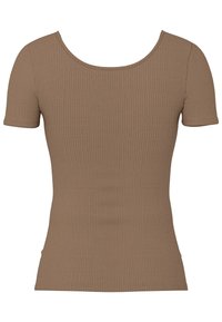 T-shirt à manches courtes, ajusté et côtelé, de couleur marron clair uni avec un col rond, présenté sur fond blanc.