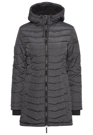 Giacca invernale nera imbottita con cappuccio, caratterizzata da una texture a strisce orizzontali, zip frontale e polsini elasticizzati.