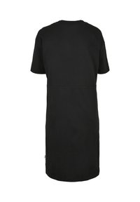 Black short-sleeve knee-length dress with a straight cut and subtle seam detail at the waist, shown from the back on a white background.