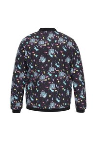 Giacca bomber nera con motivi di cartoni animati colorati, inclusi forme e disegni. Presenta polsini e vita elastici. Tessuto liscio e lucido.