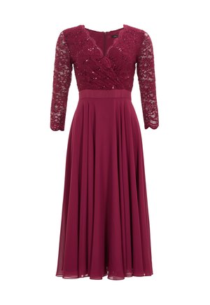 Bordeaux Kleid mit einem Spitzenoberteil mit Pailletten, langen Ärmeln, einem V-Ausschnitt und einem fließenden Rock, der bis zur Wade reicht.