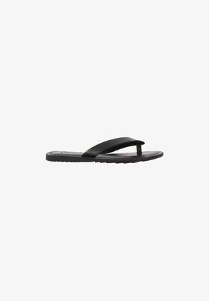 Zwarte flip-flop met een platte zool en twee minimalistische banden. Glad textuur met een afgeronde teenpost en een flexibele zool voor comfort.