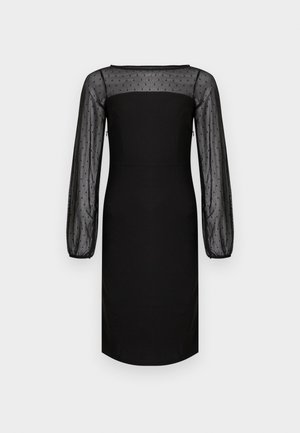 Sort kjole med en tætsiddende silhuet, der har en gennemsigtig mesh-top med prikker og lange ærmer, glat stof og en rund udskæring.