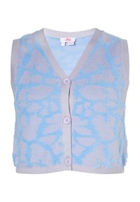 Vesta fără mâneci de culoare albastru deschis, cu o textură pufoasă, design în formă de v și nasturi lavandă. Prezintă un anterior pufos cu un model și un spate neted tricotat.