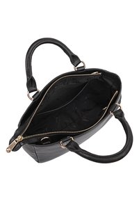 Zwarte leren handtas met een gestructureerde vorm, ritsluiting, dubbele handgrepen en een gevoerde binnenkant. Bevat gouden hardware en een elegante uitstraling.